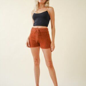 HEM & THREAD Rust Fuzzy Knit Shorts | Cozy Soft Lounge High Waist Shorts
